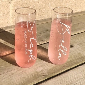 Bridesmaid Champagne Flutes, Personalized Glass Stemless Bridesmaid Glasses, Custom Bachelorette Party Glasses