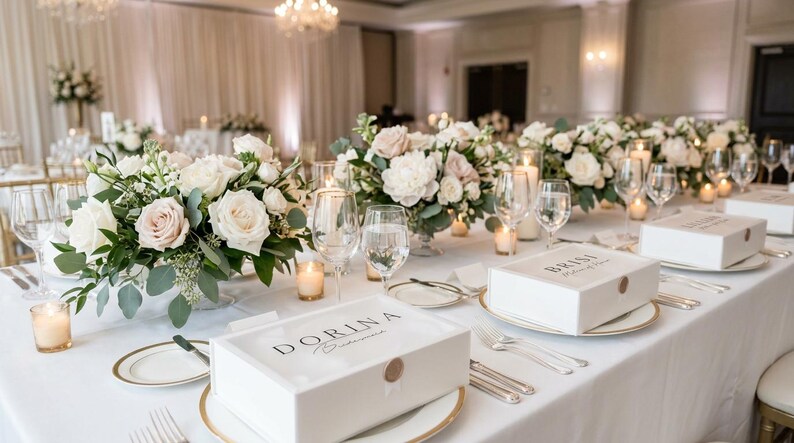 May include: A long, white table set for a formal event, adorned with floral centerpieces of white and blush roses, greenery, and lit candles. White boxes with gold accents and text are placed on the table, along with glassware and silverware.