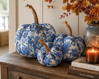 Blue White Chinoiserie Pumpkin – Fabric Fall Decor, Real Stem Accent