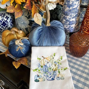 Pumpkins and Hydrangea in Blue & White Pot, Fall Kitchen Towel With Pumpkins, Autumn Dish Towel, Kitchen Decor, Hostess Gift