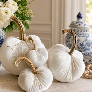 Cream Velvet Pumpkins, Real Stems, Handmade Fabric Autumn Decor