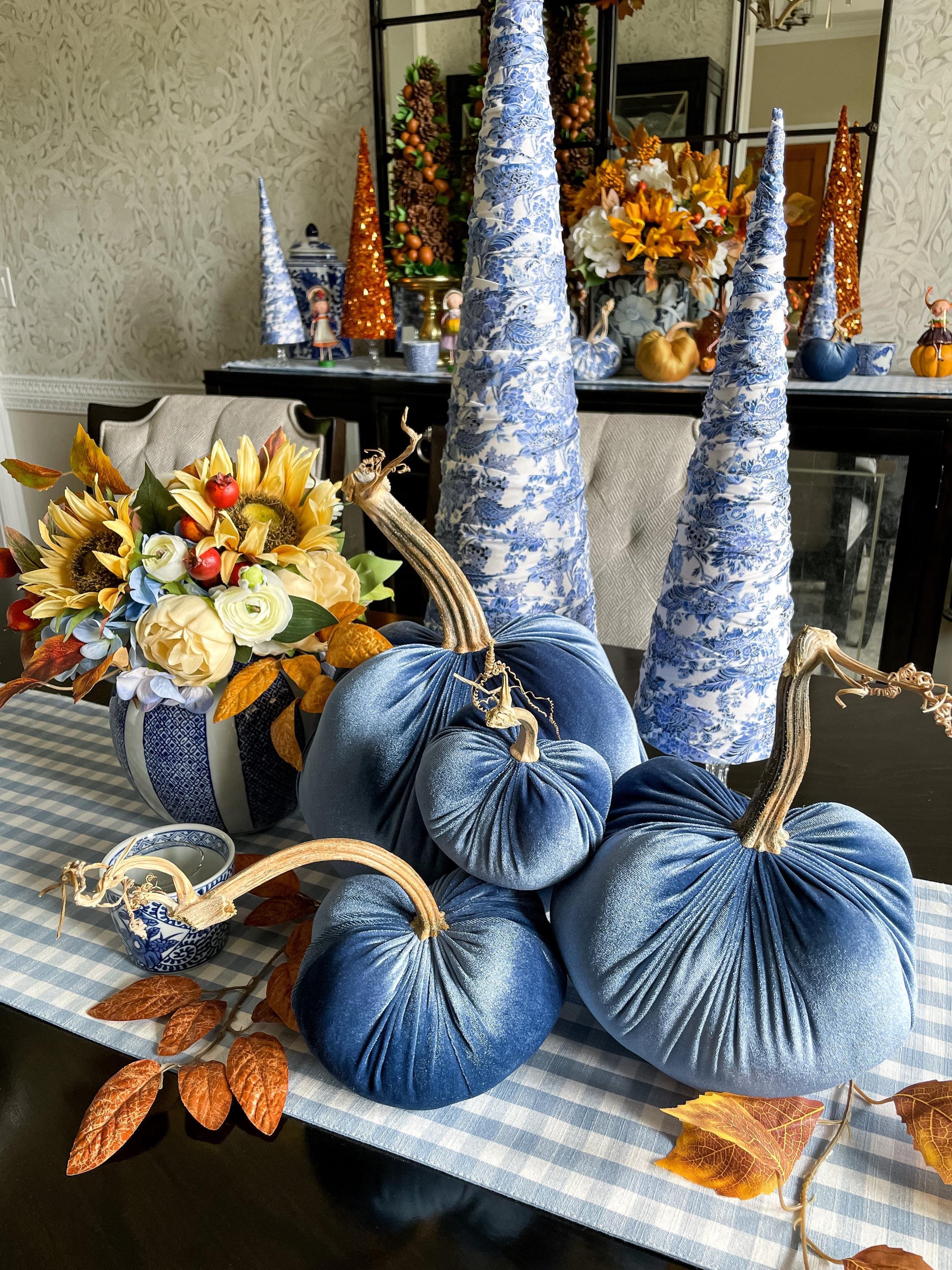 Ocean Blue Velvet Pumpkins, Real Stems, Handmade Fabric Pumpkin, Entry Bowl Fillers, Autumn Shelf Decor, Fall Centerpiece, Sold Individually