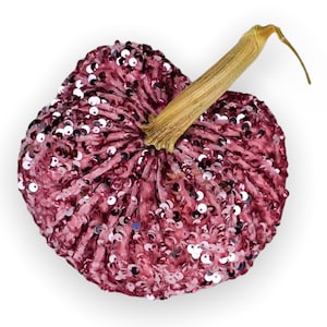 May include: A pink velvet pumpkin covered in sequins with a brown stem.
