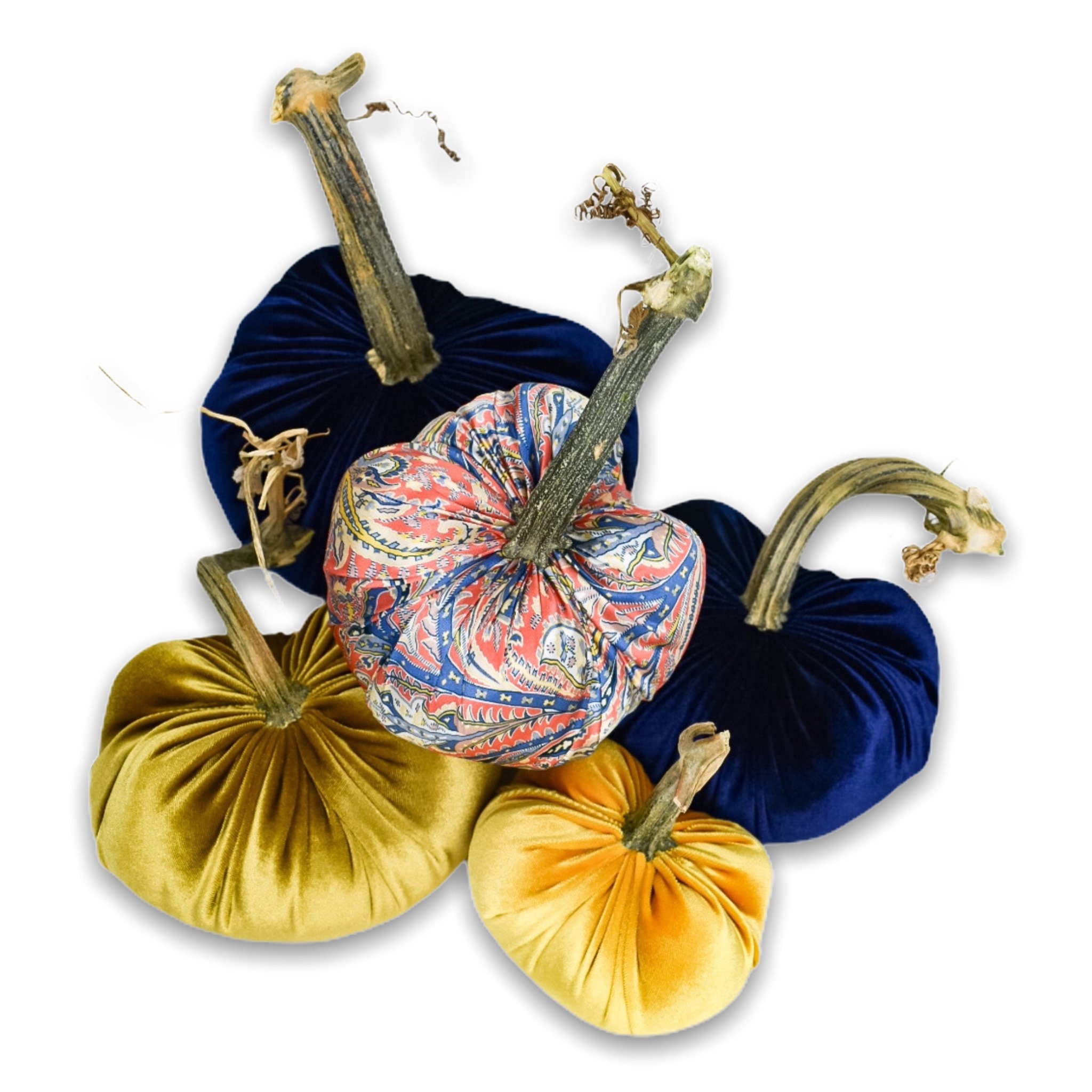 11 INCH GREEN VELVET STUFFED PUMPKIN W/TWISTED GOLD STEM