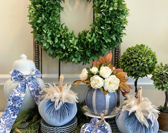 Slate Blue Pumpkin with Cream Feathers