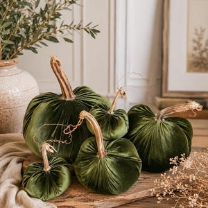Sage Green Velvet Pumpkins, Handmade Fabric, Natural Stems, Autumn Shelf Decor