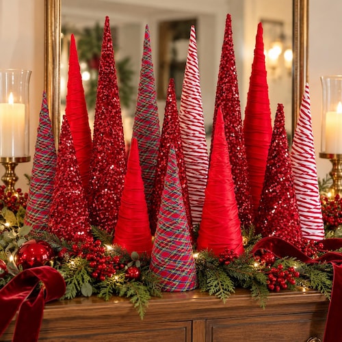 Handmade Fabric Christmas Cone Tree: Red Holiday Decor, (Sold Individually)