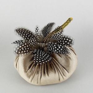Velvet Pumpkin with Feathers in Champagne with Black/White Feathers and a Real Stem,Sold Individually