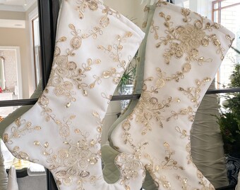 White Velvet Christmas Stocking with Gold Sequin Overlay