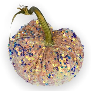 May include: A decorative pumpkin with a light brown, textured surface covered in iridescent sequins. The pumpkin has a green stem with a curved shape and a dried, curled vine. The sequins reflect shades of blue, yellow, and pink.