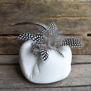 Velvet Pumpkin with Feathers in Cream with Black/White Feathers and a Real Stem,Sold Individually