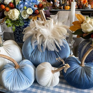 Ocean Blue Velvet Pumpkin with Cream Feathers, Coastal Fall Decor, Handmade Table Centerpiece