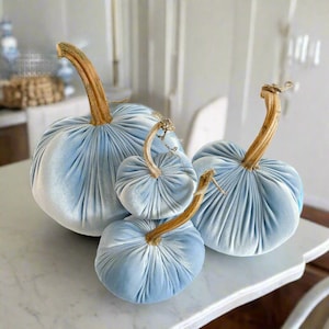Powder Blue Velvet Pumpkins Real Stems, Handmade Fabric Pumpkin, Entry Bowl Fillers, Autumn Shelf Decor, Fall Centerpiece, Sold Individually
