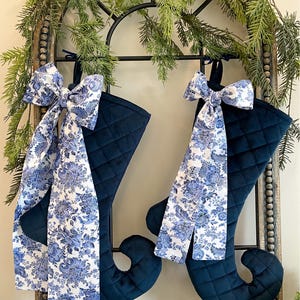 Navy Velvet Christmas Stocking with Chinoiserie Bow,Sold Individually