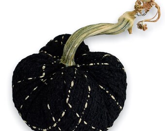 Handmade Black and Gold Tweed Pumpkin with Real Stem, Elegant Fall Decor