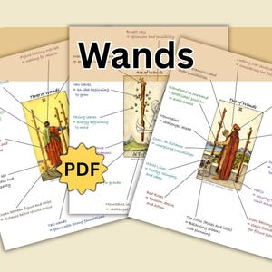 May include: A digital PDF guide featuring three tarot cards from the suit of Wands: the Ace, Two, and Three of Wands. Each card is annotated with lines and text explaining the symbolic meanings of the imagery, including figures, plants, and landscapes.