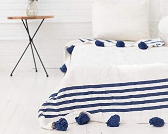 BERBER BLANKET - POM Pom Blanket - Moroccan Tassel Throw Warm Blanket - Sofa Throw Cotton Blanket - New Home Gift - White/Blue Blanket