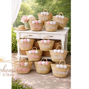 PERSONALISIERTER STROHKORB, Brautduschentaschen, kundenspezifische Strohtaschen, kundenspezifische Strandtasche, Strohtasche, gestickte Taschen, Taschen mit Monogramm Bild 5