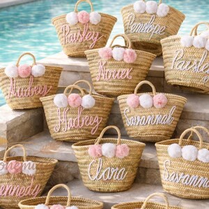 PERSONALISIERTER STROHKORB, Brautduschentaschen, kundenspezifische Strohtaschen, kundenspezifische Strandtasche, Strohtasche, gestickte Taschen, Taschen mit Monogramm Bild 3