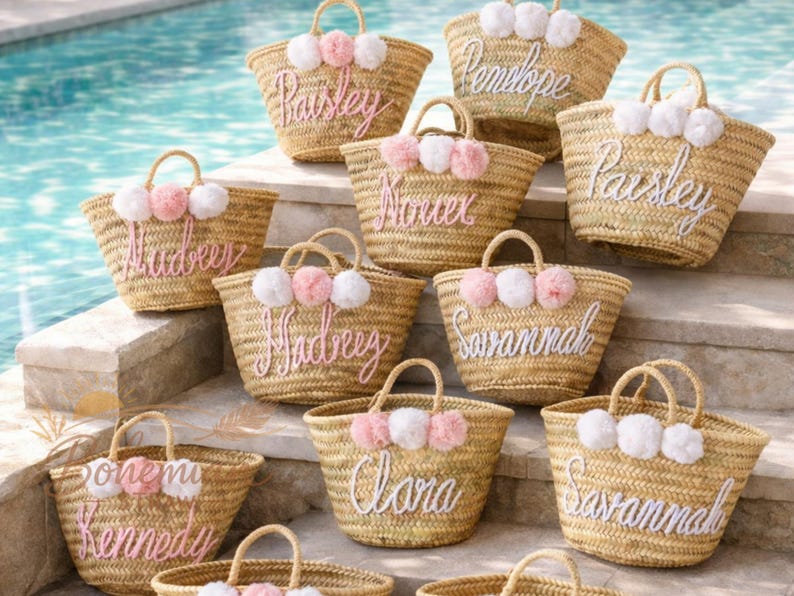 PERSONALISIERTER STROHKORB, Brautduschentaschen, kundenspezifische Strohtaschen, kundenspezifische Strandtasche, Strohtasche, gestickte Taschen, Taschen mit Monogramm Bild 3