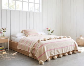 Handmade Wool Blanket in Ivory and Pink, Soft Pom Pom Throw, Bohemian Bedroom Decor, Cozy Berber Weave, Birthday Gift for Mom or Her