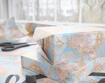 Rococo Pastel Wrapping Paper, Vintage French Floral Gift Wrap with Cherubs, Ribbons and Gold Scrollwork