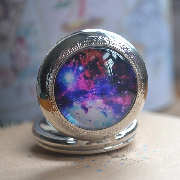 Purple Galaxy Pocket Watch,Galaxy Watch Necklace,Space Nebula Milky Way Jewelry,Quartz Watch,Custom Wedding Watch Necklace,Anniversary Gift