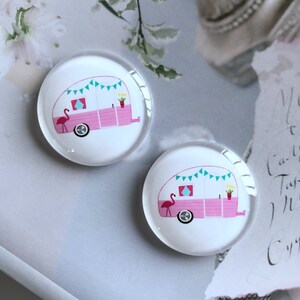Pink Camp Cabochon,RV Camper photo glass Cabochon, 10mm 12mm 14mm 16mm 18mm 20mm 25mm 30mm 35mm 40mm glass dome cameo-R792d8