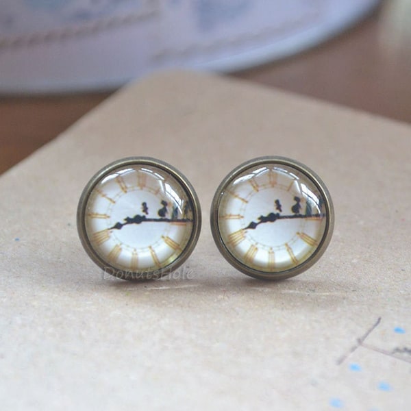 Steampunk Peter Pan Earrings,Clock Dial Studs,Fairy Tale Earrings,Anime Earrings,Anime Jewelry,Photo Cabochon,Glass Dome Post Earrings