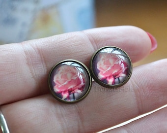 10mm/12mm Pink Rose Earrings,Retro Rose Studs,Handmade Flower Earrings,Valentine Day Gift,Glass Dome Cabochon,Anniversary Gift