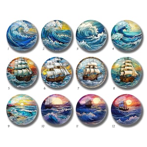 Ocean Wave Glasmalerei Bildcabochon, Boot Glaskuppel, 10 mm 12 mm 14 mm 16 mm 18 mm 20 mm 25 mm 30 mm 35 mm 40 mm Nautisches Bilderglas -DN2077