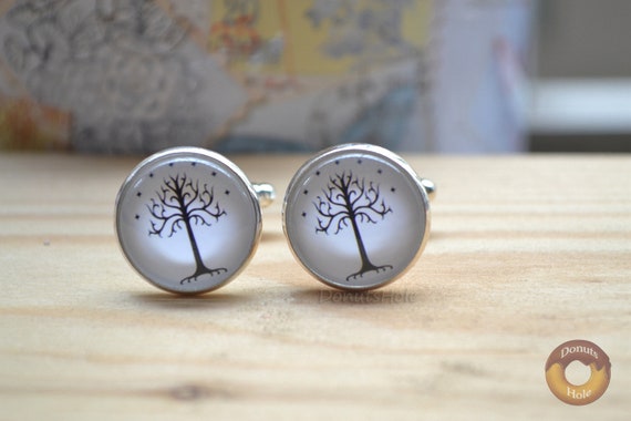 Boutons De Manchette "Arbre De Gondor" - LOTR / Seigneur Des Anneaux - Plaqué Argent, 16mm - Cadeau Fan - 9
