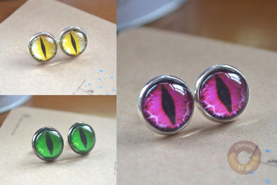 Boucles D'oreilles Halloween Faites Main - Yeux De Dragon En Bois Et Acier Inoxydable - Vert - Fabriqué En France