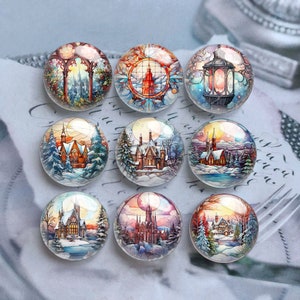 Winter Castle Cabochon, Castle in Snow Glass Dome, 10mm 12mm 14mm 16mm 18mm 20mm 25mm 30mm 35mm 40mm Winter Paper Image Glass Cameo-DN2225