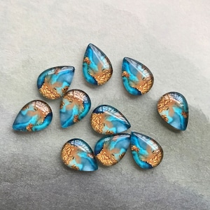 Cabochon en forme de larme d'aquarelle bleue, cabochon en verre photo en forme de larme d'or, 10x14mm, 13x18mm, 18x25mm, 20x30mm, dôme en verre 30x40mm -R1704-12