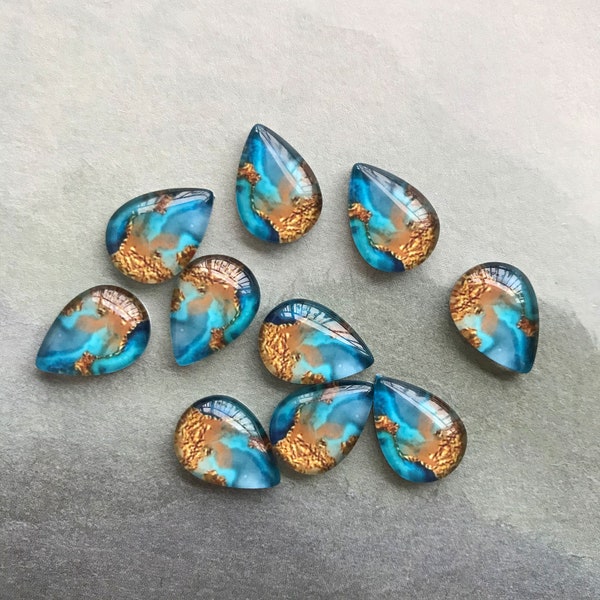 Blue Watercolor Teardrop Cabochon, Gold Tear Shape photo glass Cabochon, 10x14mm,13x18mm ,18x25mm ,20x30mm ,30x40mm glass dome -R1704-12