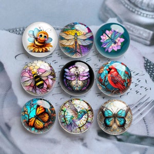 May include: Nine round glass cabochons with colourful stained glass designs featuring a bee, dragonfly, hummingbird, butterfly, and cardinal. The cabochons are set against a white background.