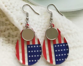 6pcs-USA Flag Teardrop Acrylic Earrings Blanks, 8mm 10mm 12mm 14mm Teardrop Dangle Earrings Base, Drop Earrings Bezel Cups Trays-DASS04