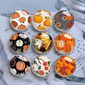 May include: Nine round glass cabochons with fall-themed designs. The cabochons feature various pumpkin illustrations in orange, white, and brown against white, black, and patterned backgrounds. The designs include pumpkins, leaves, and floral elements.