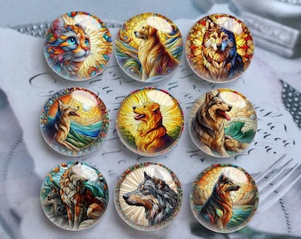 10pcs 10mm 12mm Wolf Cabochon, Cat Glass Dome, 14mm 16mm 18mm 20mm 25mm 30mm 35mm 40mm DIY Stained Glass Picture Image Glass Cameo-DN2247