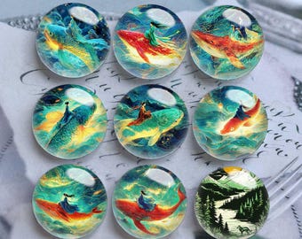 Red Fish Cabochon, Animal Wolf Glass Dome, Handmade 10mm - 40mm Photo Paper Glass Dome, Picture Image Glass Cameo Jewelry Accessory -DN4155