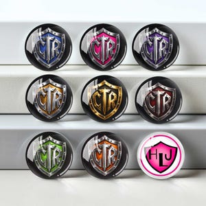 May include: Nine circular pins arranged in three rows. Eight pins feature a silver shield emblem with the letters CTR in blue, pink, purple, silver, gold, dark red, green, and orange. The final pin is white with a pink shield and the letters HLJ.