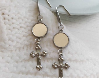 20pcs-Stainless Steel Cross Earrings Blanks, 10mm 12mm -25mm Dangle Earrings Base,Earrings Bezel Cups, Christian Charm Earrings Trays-DSS37