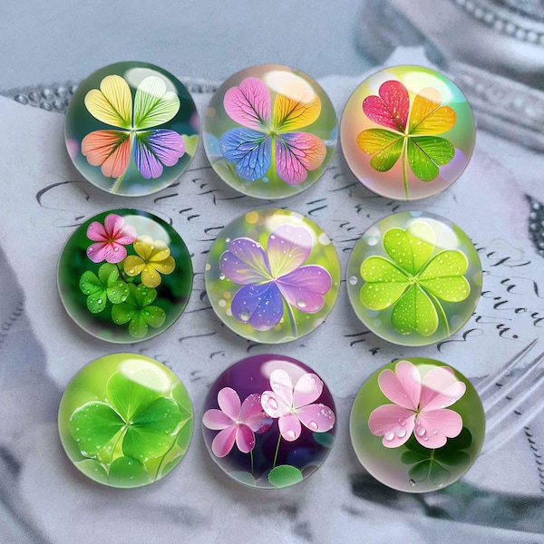 Colorful Clover Image Glass Cabochon,St Patrick Shamrock Glass Dome,10mm 12mm 14mm 16mm 18mm 20mm 25mm 30mm 35mm 40mm Glass Cameo-DN3128