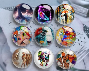 10pcs 10mm 12mm Art Painting Cabochon, Watercolor Glass Dome, 14mm 16mm 18mm 20mm 25mm 30mm 35mm 40mm DIY Picture Image Glass Cameo-DN2607