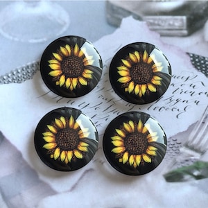 Bouton d’encliquetage de tournesol cabochon / verre, 10mm 12mm 14mm 16mm 18mm 20mm 25mm 30mm 35mm 40mm Dôme en verre de tournesol / Bouton d’enclenchement de gingembre -R227834