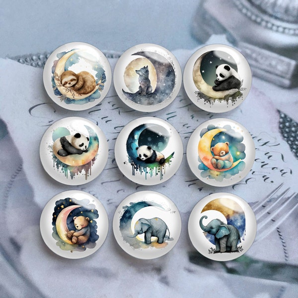 10pcs Moon Animal Sleeping Cabochon, Bear Glass Dome,10mm 12mm 14mm 16mm 18mm 20mm 25mm 30mm 35mm 40mm DIY Picture Image Glass Beads-DN998