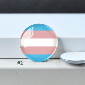 Puede incluir: Un bot&oacute;n circular con el dise&ntilde;o de la bandera del orgullo transg&eacute;nero, con franjas horizontales de color azul claro, rosa claro y blanco. El bot&oacute;n est&aacute; marcado con el n&uacute;mero #2. Un segundo bot&oacute;n circular blanco liso es visible a la derecha.