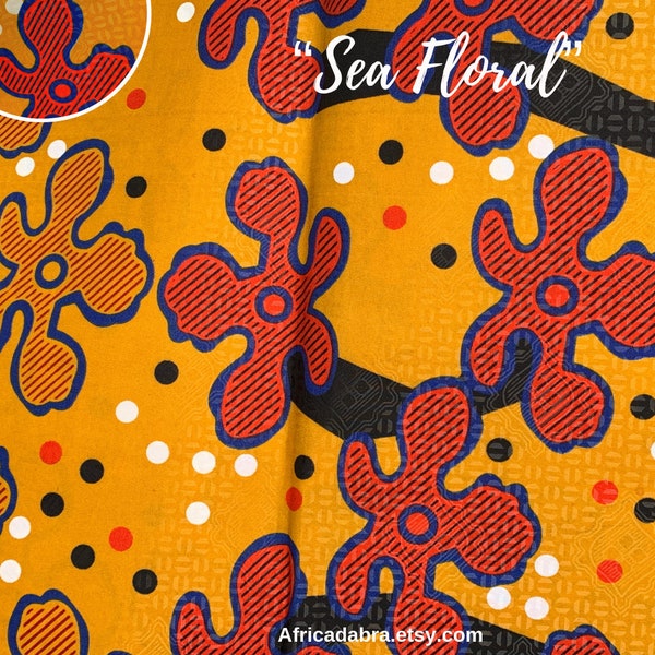 REMNANT - African Ankara Fabric - "Sea Floral", orange/red/black/blue/white abstract pattern, 25" REMNANT