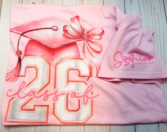 Class of 2026 Senior Shirt: Pink Graduation Tee with Cap & Bow